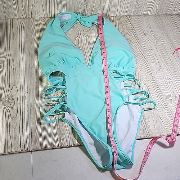 Aqua Eve Blue One Piece Halter Plunge V Neck Swimsuit Womens Size Medium NWT - Picture 11 of 12